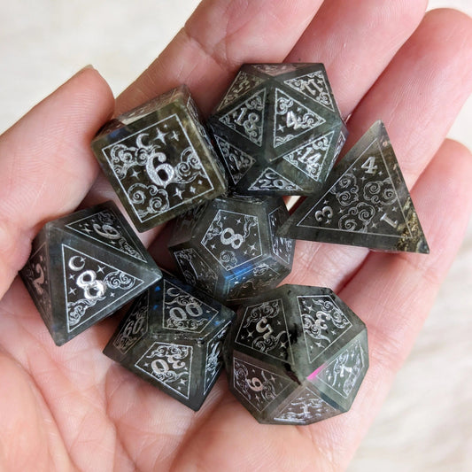 Dreamy Labradorite Dice Set (Silver Numbers) - The Fourth Place