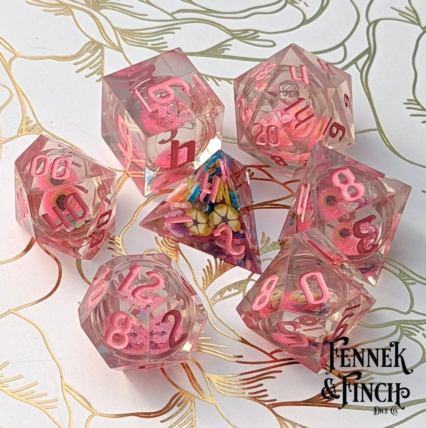 Falling Blossom - 7 piece liquid core sharp - edge dice set - The Fourth Place