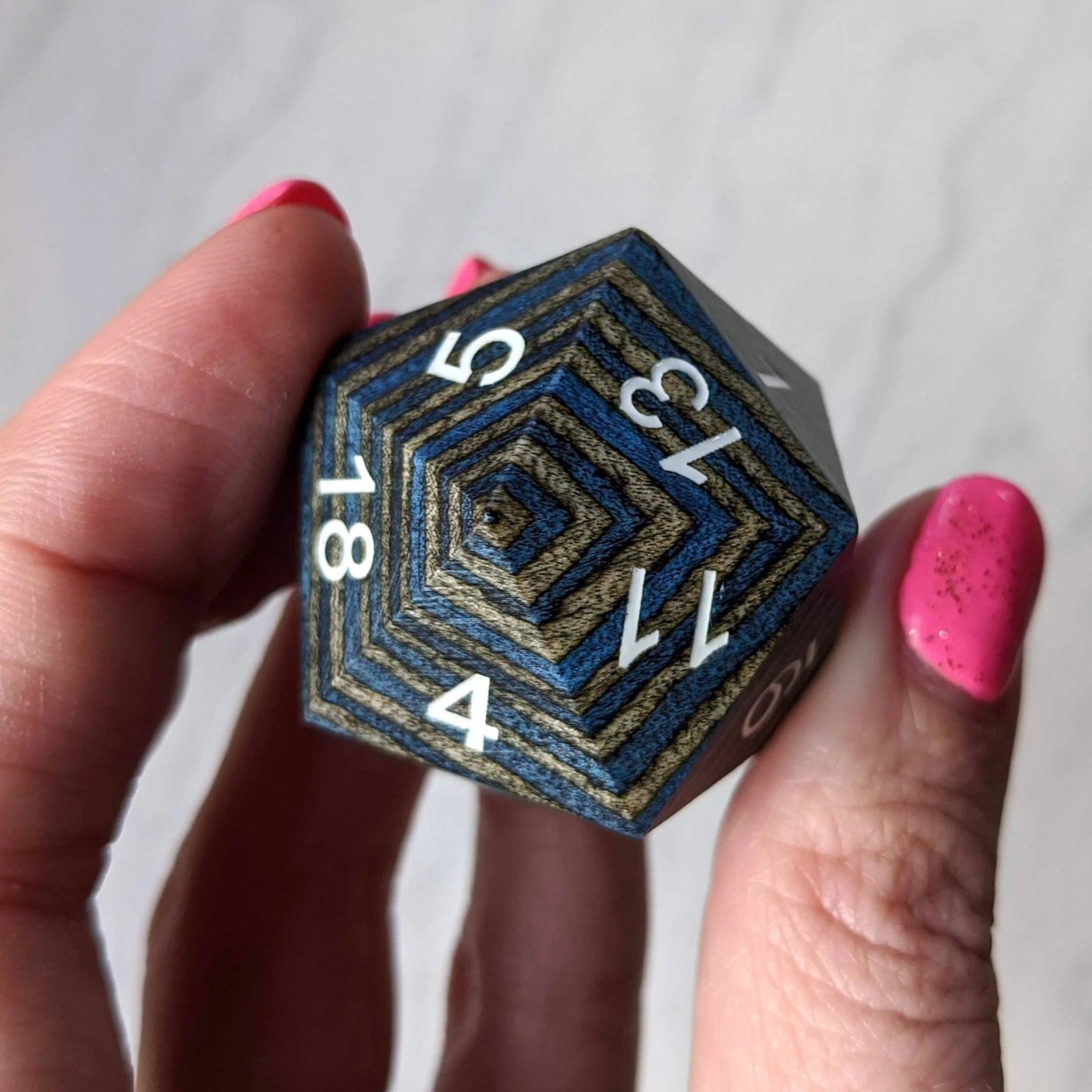 Large Wood D20 Wooden Die (Dark Blue and Gray) - The Fourth Place