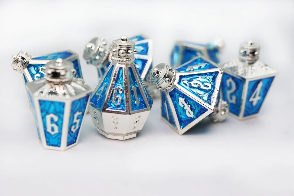 Moonlit Lantern: Silvered Frostfire - Metal RPG Dice Set - The Fourth Place