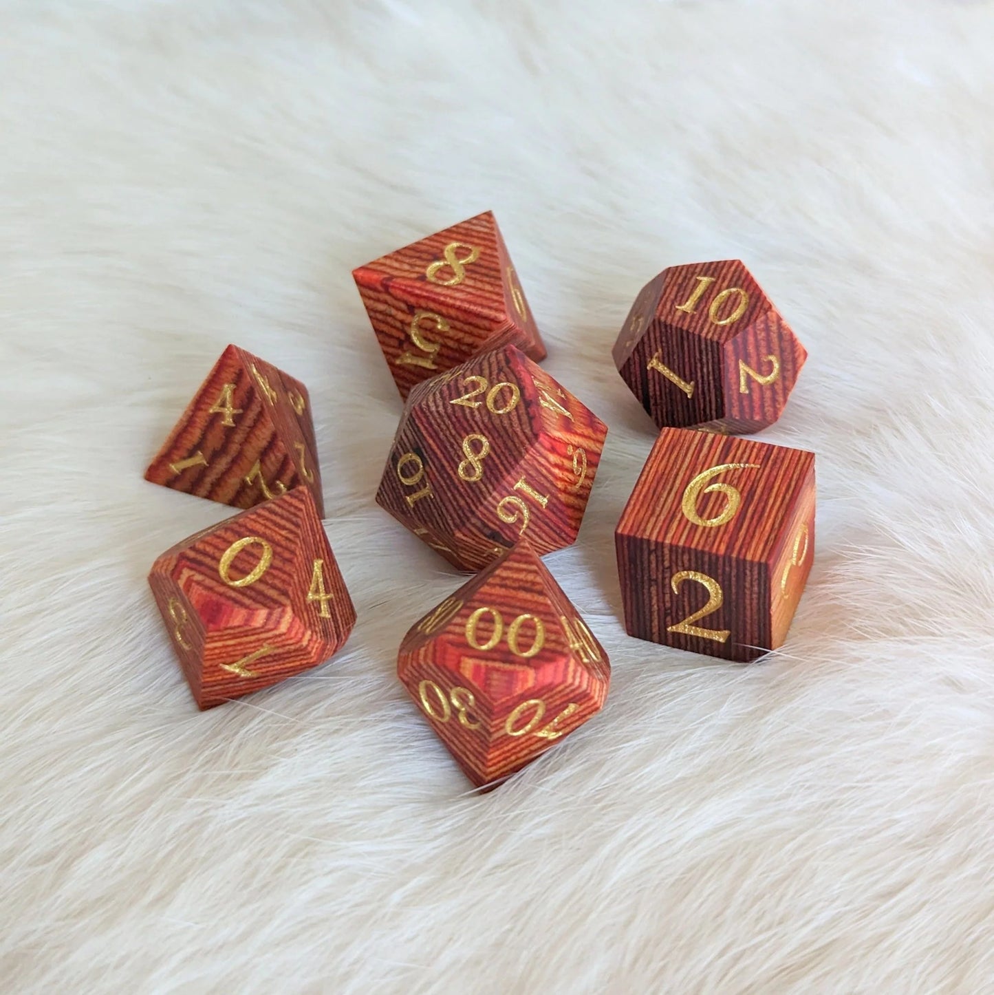 Red and Brown Stripe - 7-Piece Layered Wood Dice Set