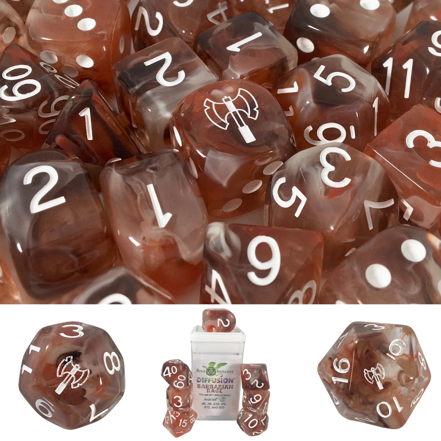 Set of 7 dice w/ Arch'd4: Barbarian Rage w/ symbol - The Fourth Place