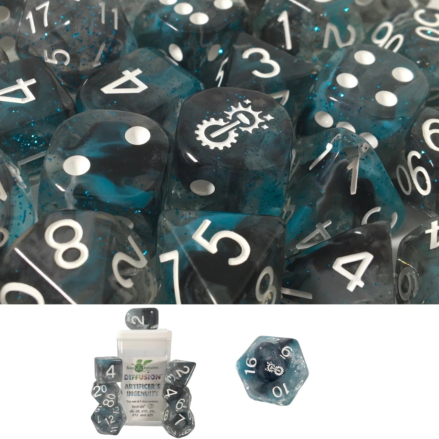Set of 7 Dice w/ Arch'd4: Diffusion Artificer's Ingenuity w/ symbol - The Fourth Place