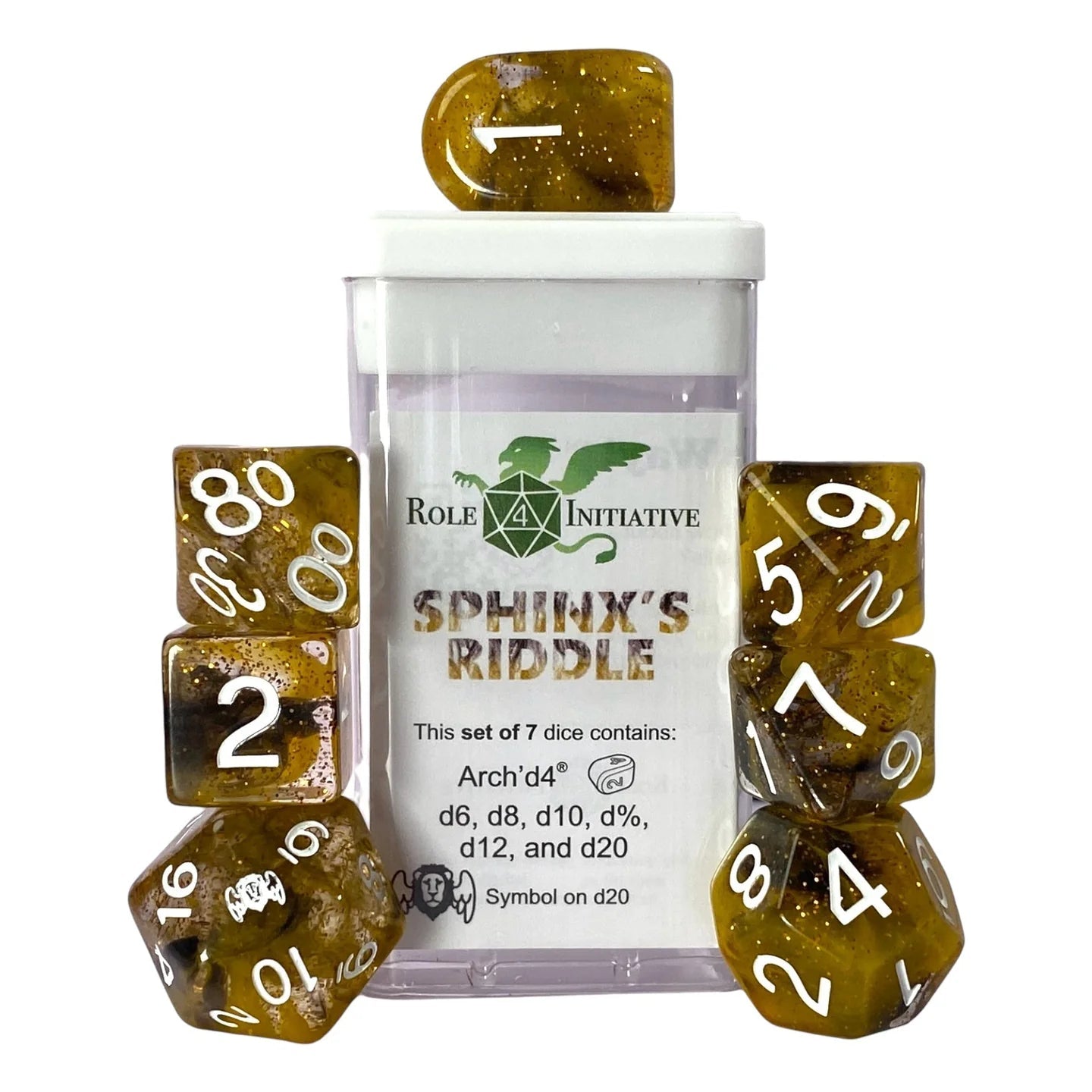 Set of 7 dice w/ Arch'd4: Sphinx's Riddle w/ symbol - The Fourth Place