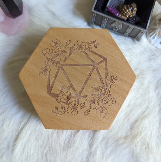 Cherry Blossom Hexagonal Wood Dice Box - Beech Wood - The Fourth Place