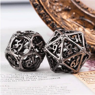 Cross Bones Hollow Metal Dice (Silver) - 7 Piece Set - The Fourth Place