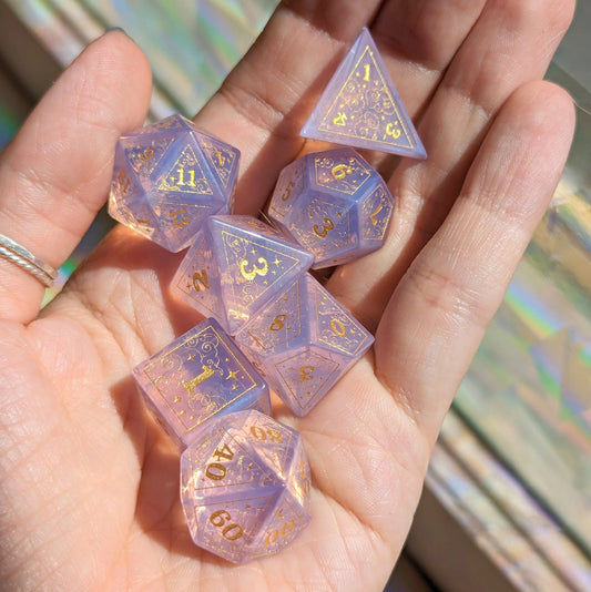 Dreamy Purple Opalite Gemstone Dice - 7 Dice Set (Gold Engraving) - The Fourth Place