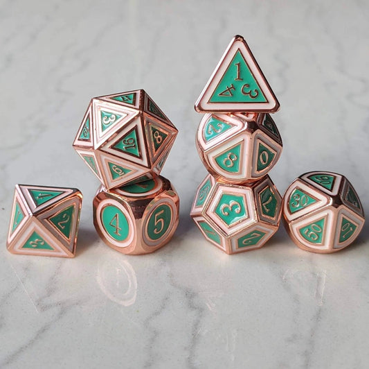 Eternal Metal Dice (Copper Plated Green and White) - 7 Piece Set - The Fourth Place