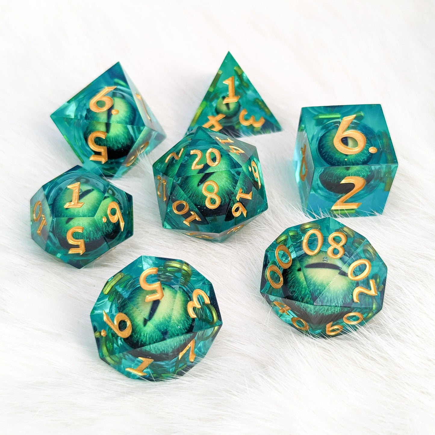 Green Moving Eye - 7 Piece Dice Set (Sharp Edge, Liquid Core) - The Fourth Place