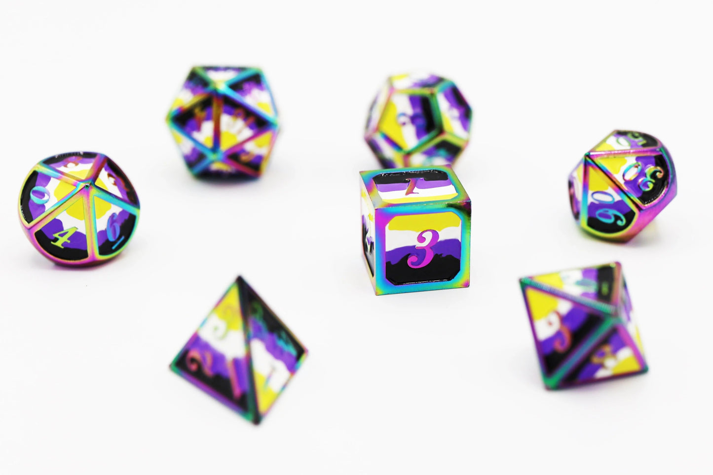 Nonbinary Pride Flag - Metal RPG Dice Set - The Fourth Place