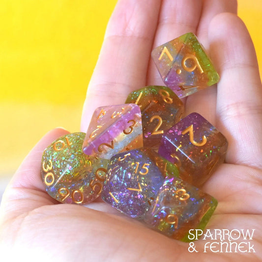 Rainbow Catcher Dice - 7 Piece Set (Translucent Rainbow with Glitter) - The Fourth Place