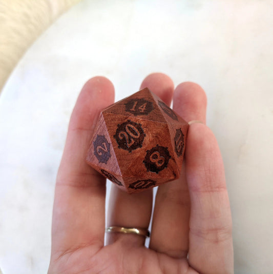Rose Wood Steampunk Gears - Large Wooden D20 - The Fourth Place