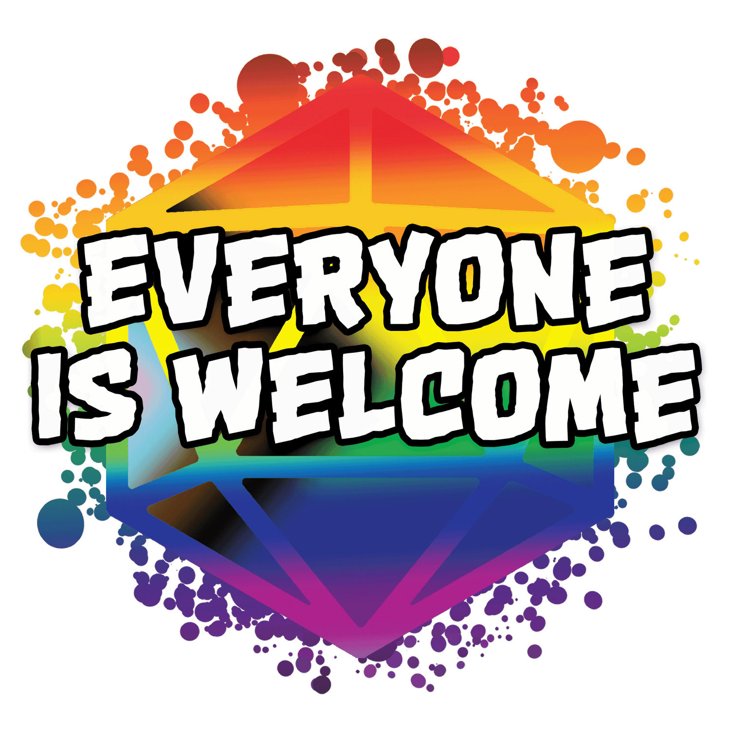 "Everyone is Welcome" text over Dice-Shaped Logo with Pride Rainbow coloring and comic-book style Kirby Krackle