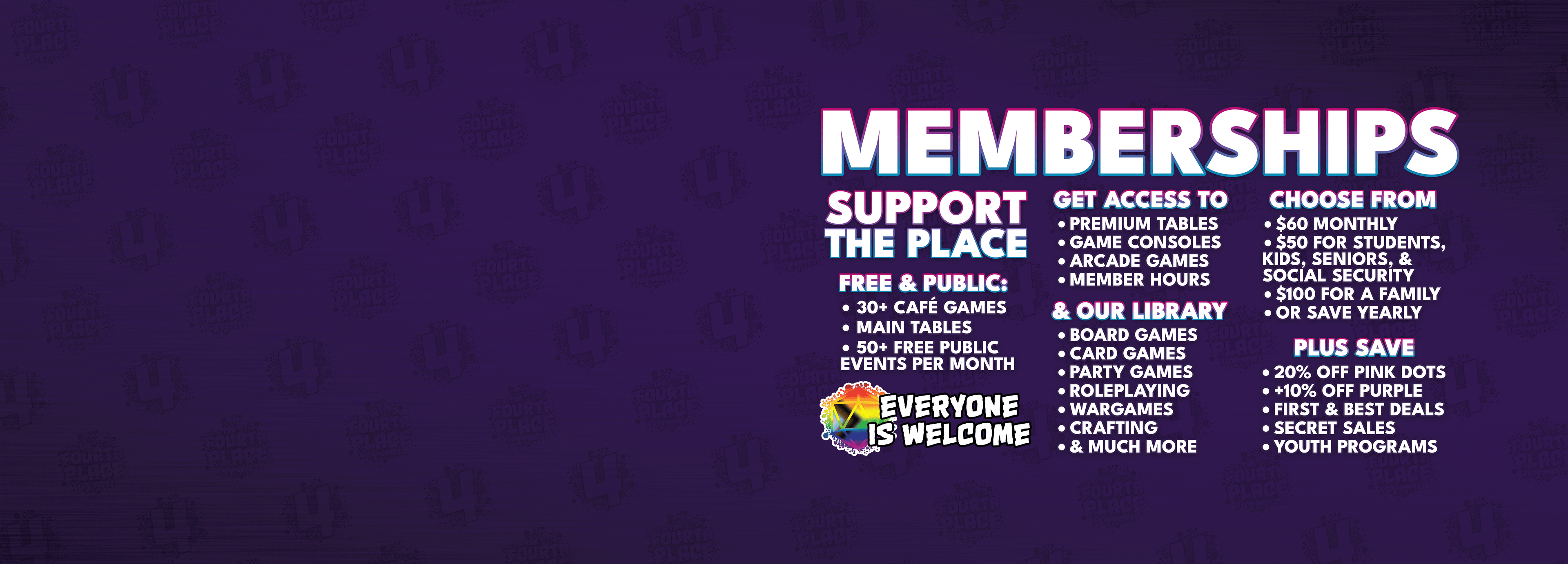 Memberships Support The Place

Free & Public:
- 30+ Café Games
- Main Tables
- 50+ Free Public Events per Month

EVERYONE IS WELCOME!

Get Access To:
- Premium Tables
- Game Consoles
- Arcade Games
- Member Hours

& Our Library:
- Board Games
- Card Games
- Party Games
- Roleplaying
- Wargames
- Crafting
- & Much More

Choose From:
- $60 monthly
- $50 for students, kids, seniors, & social security
- $100 for a family
- Or save yearly

Plus Save:
- 20% off Pink Dots
- +10% off Purple Dots
- First & Best Deal