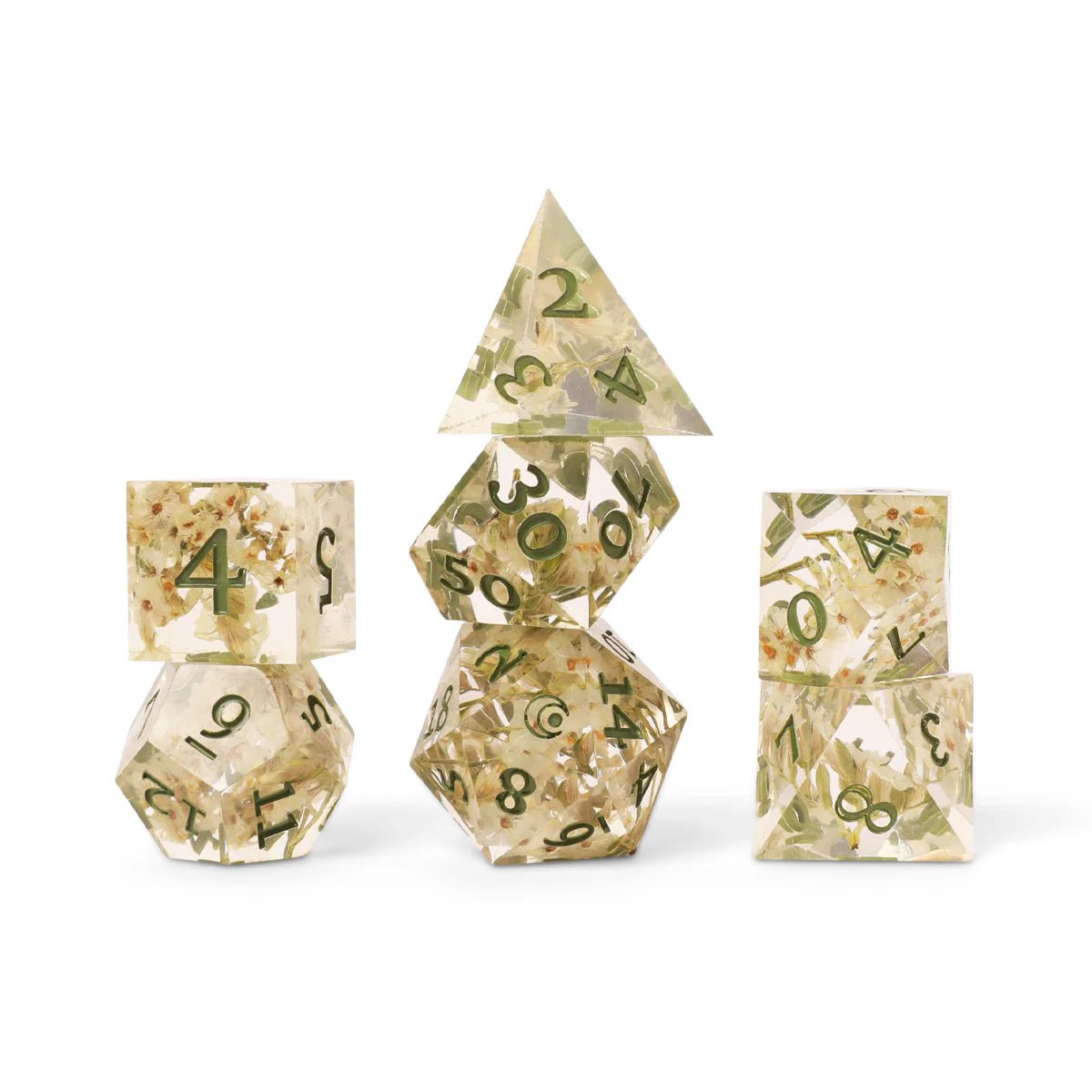Bells Hells Dice Set: Orym, Of The Air Ashari (Clear/Green/Flowers) - The Fourth Place