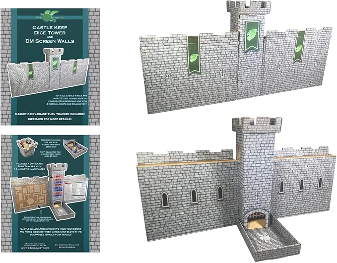 Castle Keep Dice Tower, 2 Castle Wall DM Screens, 1 Magnetic Turn Tracker - Traditional Stone Gray - The Fourth Place