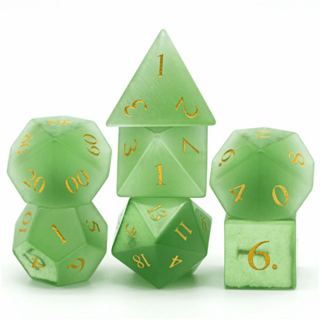 CAT'S EYE GREEN - GEMSTONE ENGRAVED WITH GOLD (Glass green dice with gold lettering) - The Fourth Place