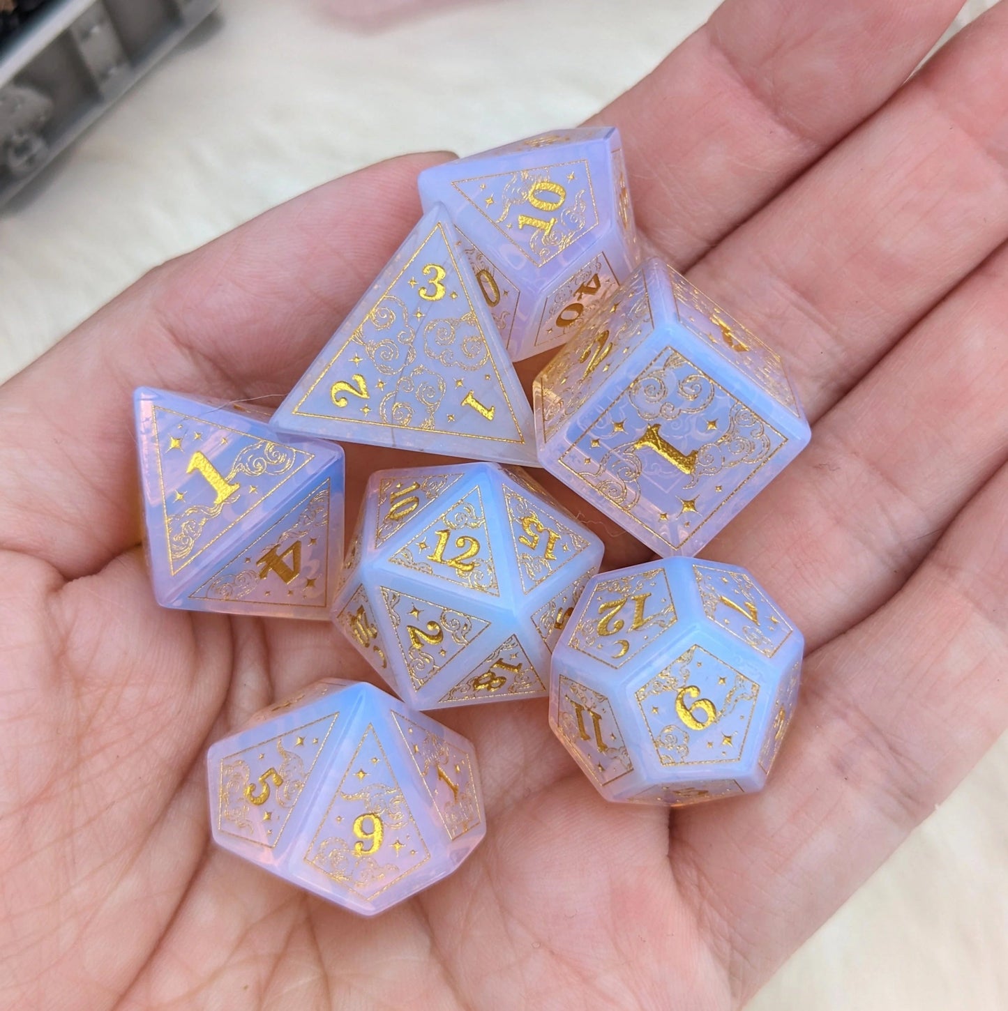 Dreamy Glowing Pink Opalite - 7 Dice Set (Gold) - The Fourth Place