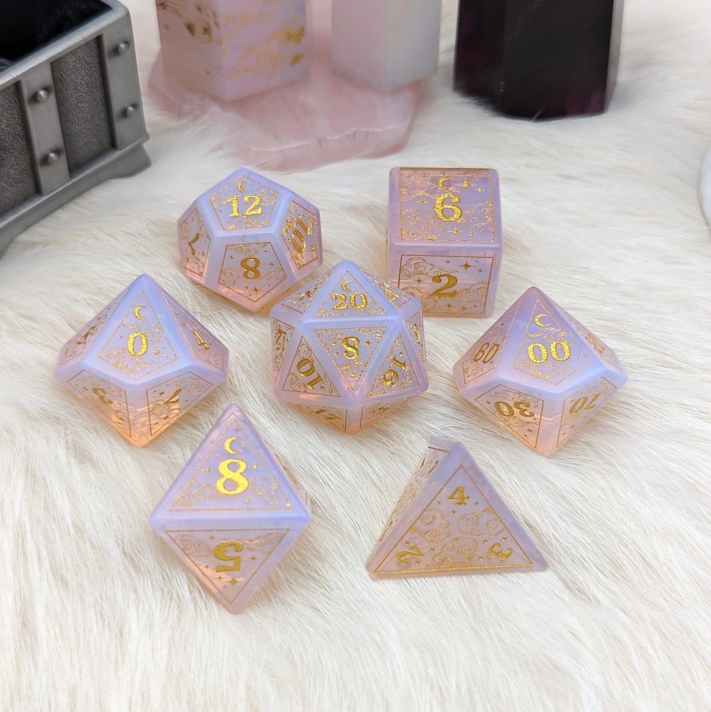 Dreamy Glowing Pink Opalite - 7 Dice Set (Gold) - The Fourth Place