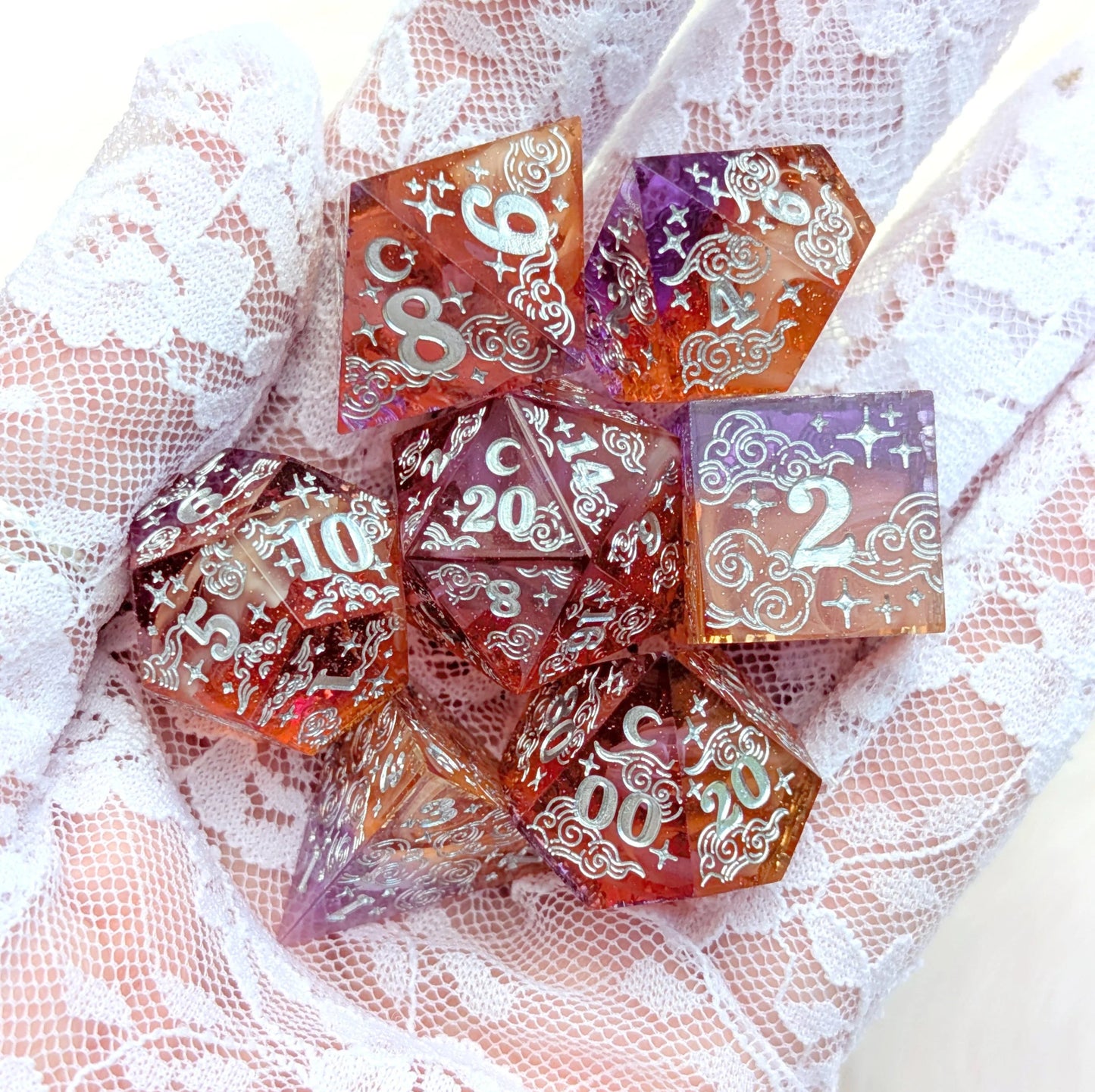 Dreamy Sunset Bloom – 7 - Piece Sharp Edge Dice Set - The Fourth Place