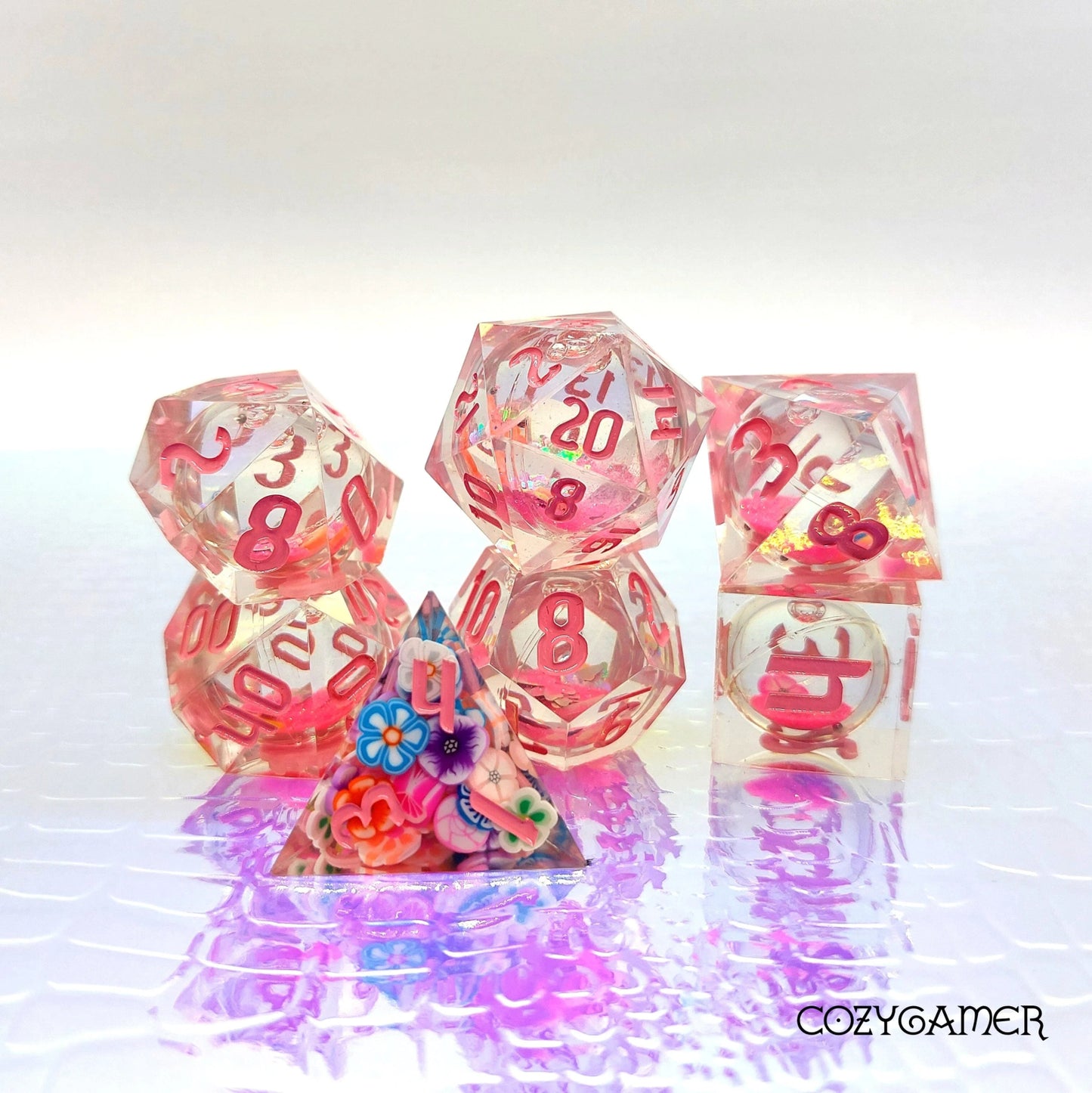 Falling Blossom - 7 piece liquid core sharp - edge dice set - The Fourth Place