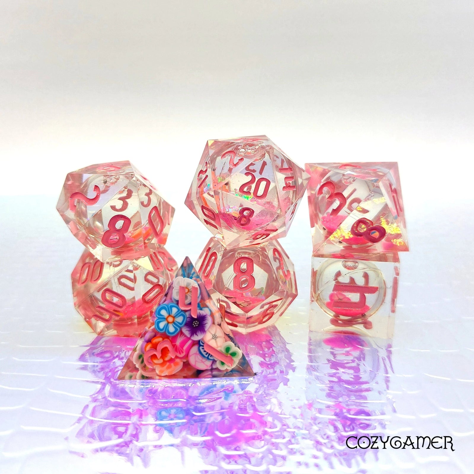 Falling Blossom - 7 piece liquid core sharp - edge dice set - The Fourth Place