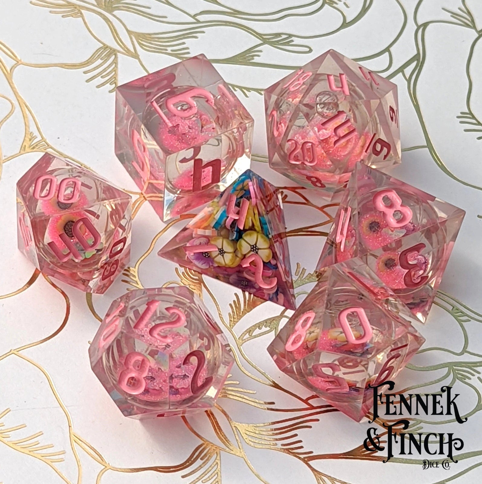Falling Blossom - 7 piece liquid core sharp - edge dice set - The Fourth Place