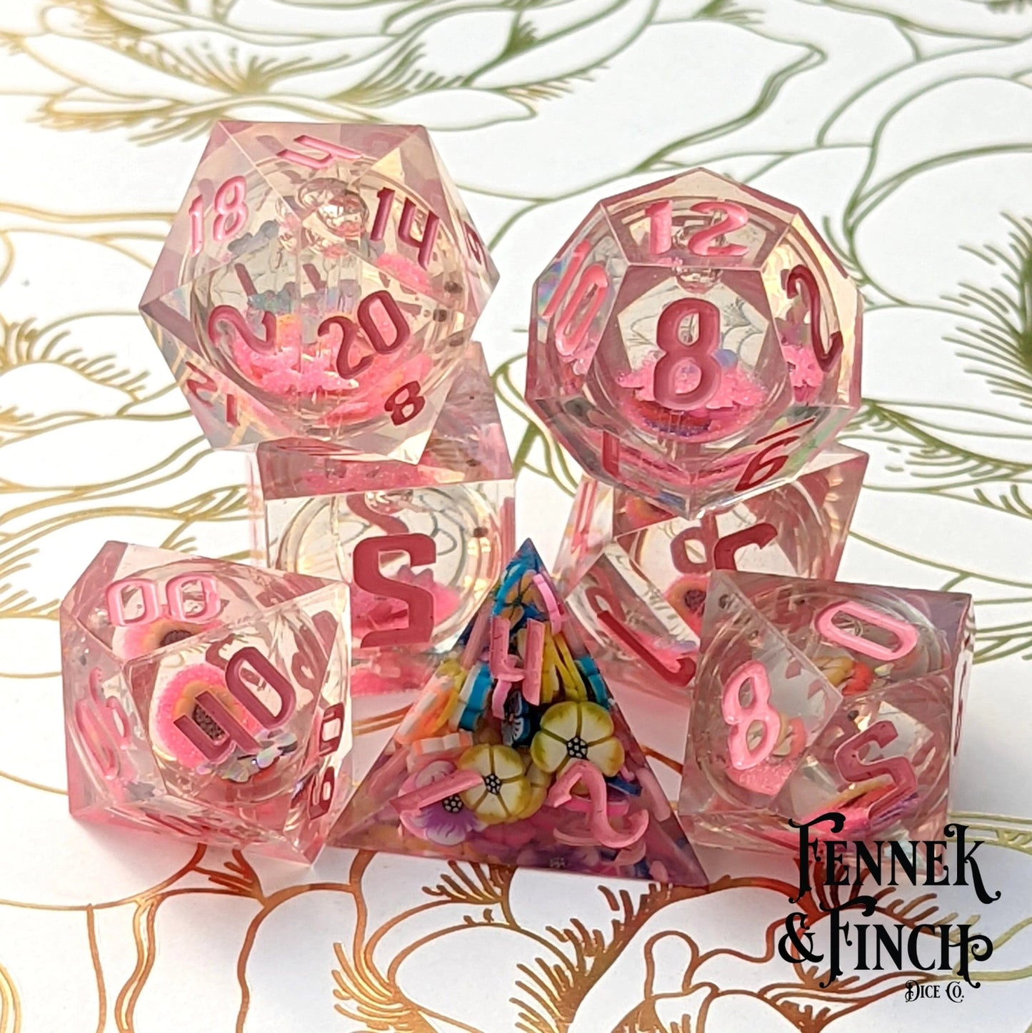 Falling Blossom - 7 piece liquid core sharp - edge dice set - The Fourth Place