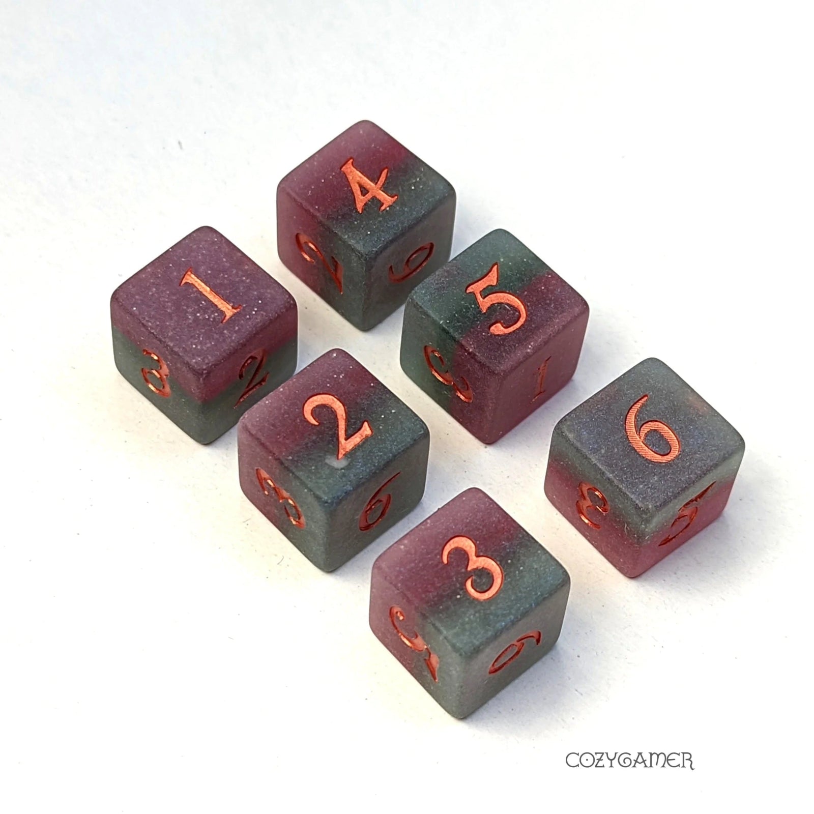 Fluorite - 6d6 Dice Set (purple/green with copper) - The Fourth Place