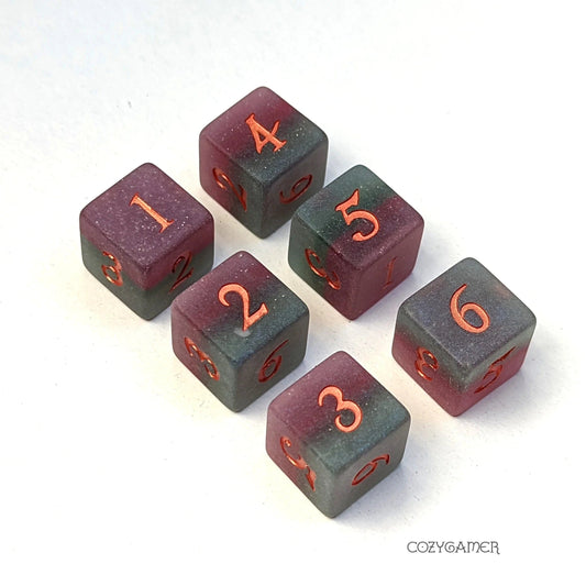 Fluorite - 6d6 Dice Set (purple/green with copper) - The Fourth Place