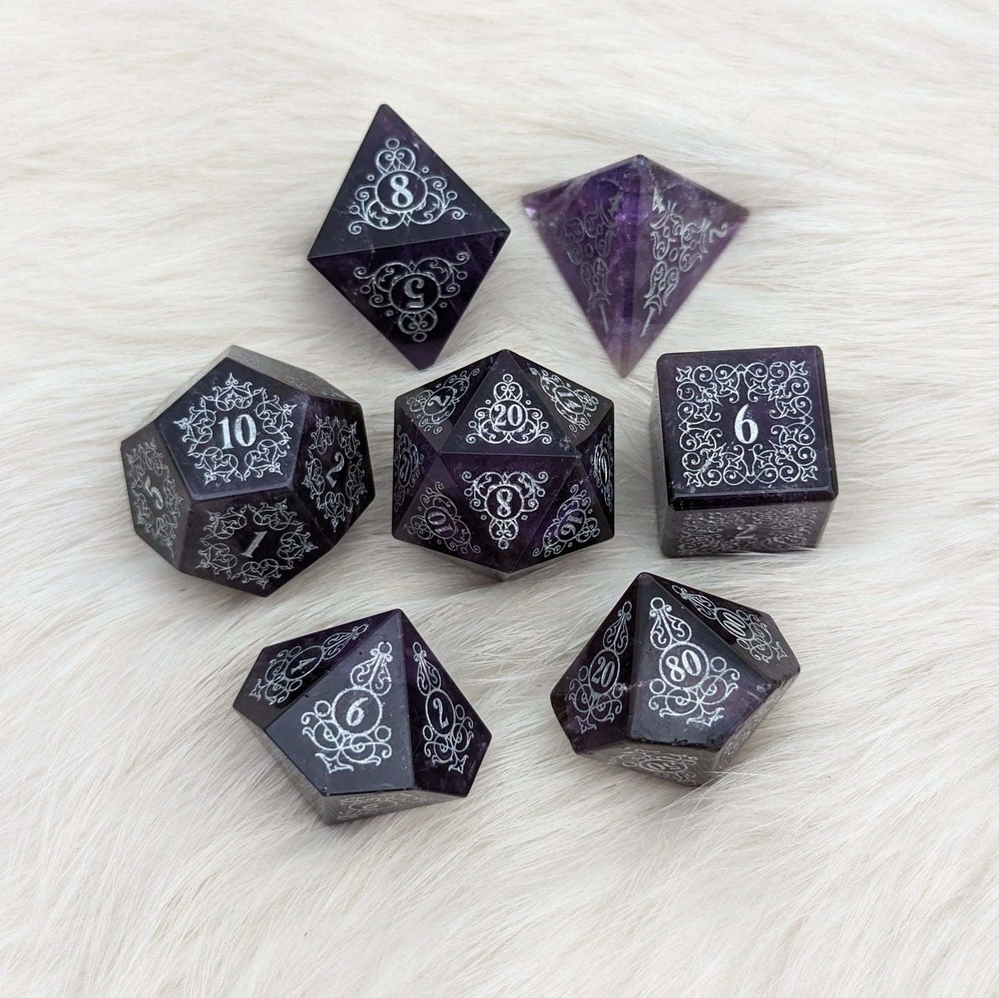Garden Gate Amethyst Gemstone Dice Set (Silver Numbers)