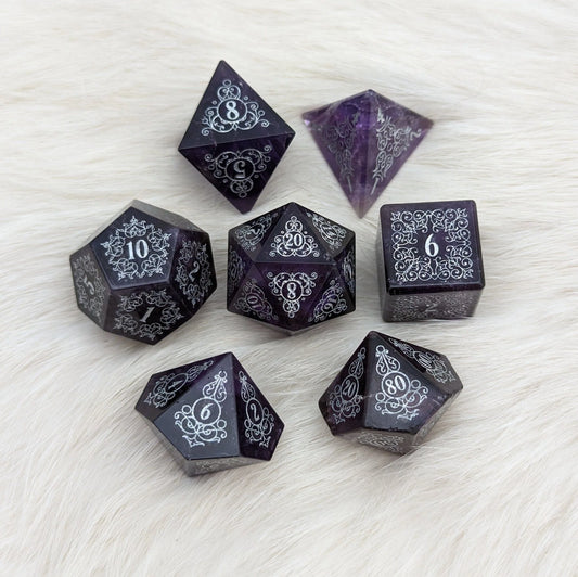 Garden Gate Amethyst Gemstone Dice Set (Silver Numbers)