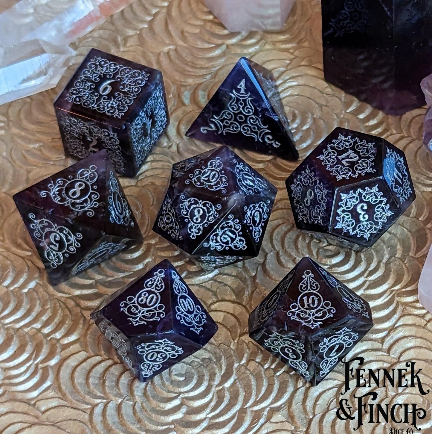 Garden Gate Amethyst Gemstone Dice Set (Silver Numbers)