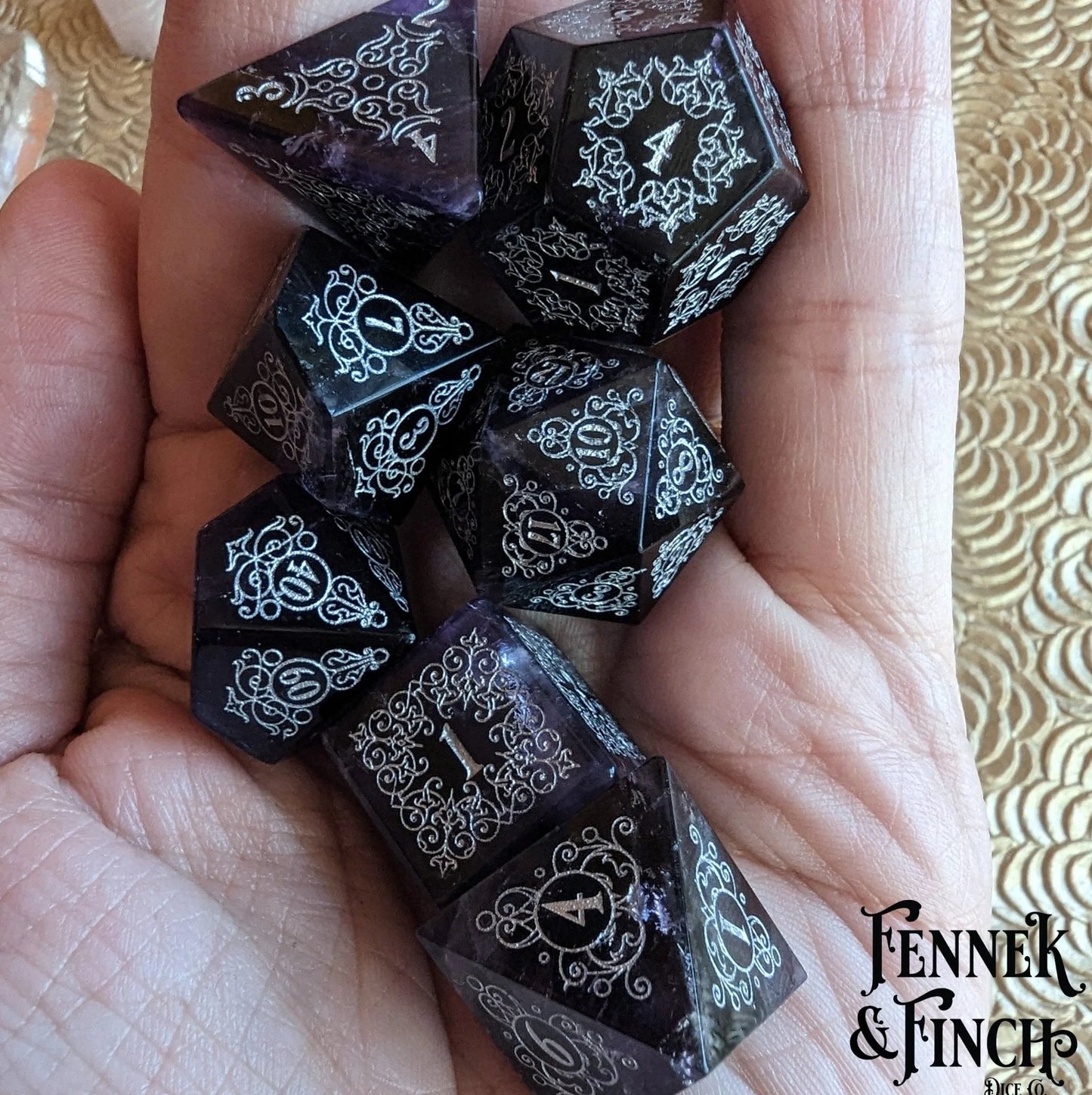 Garden Gate Amethyst Gemstone Dice Set (Silver Numbers)