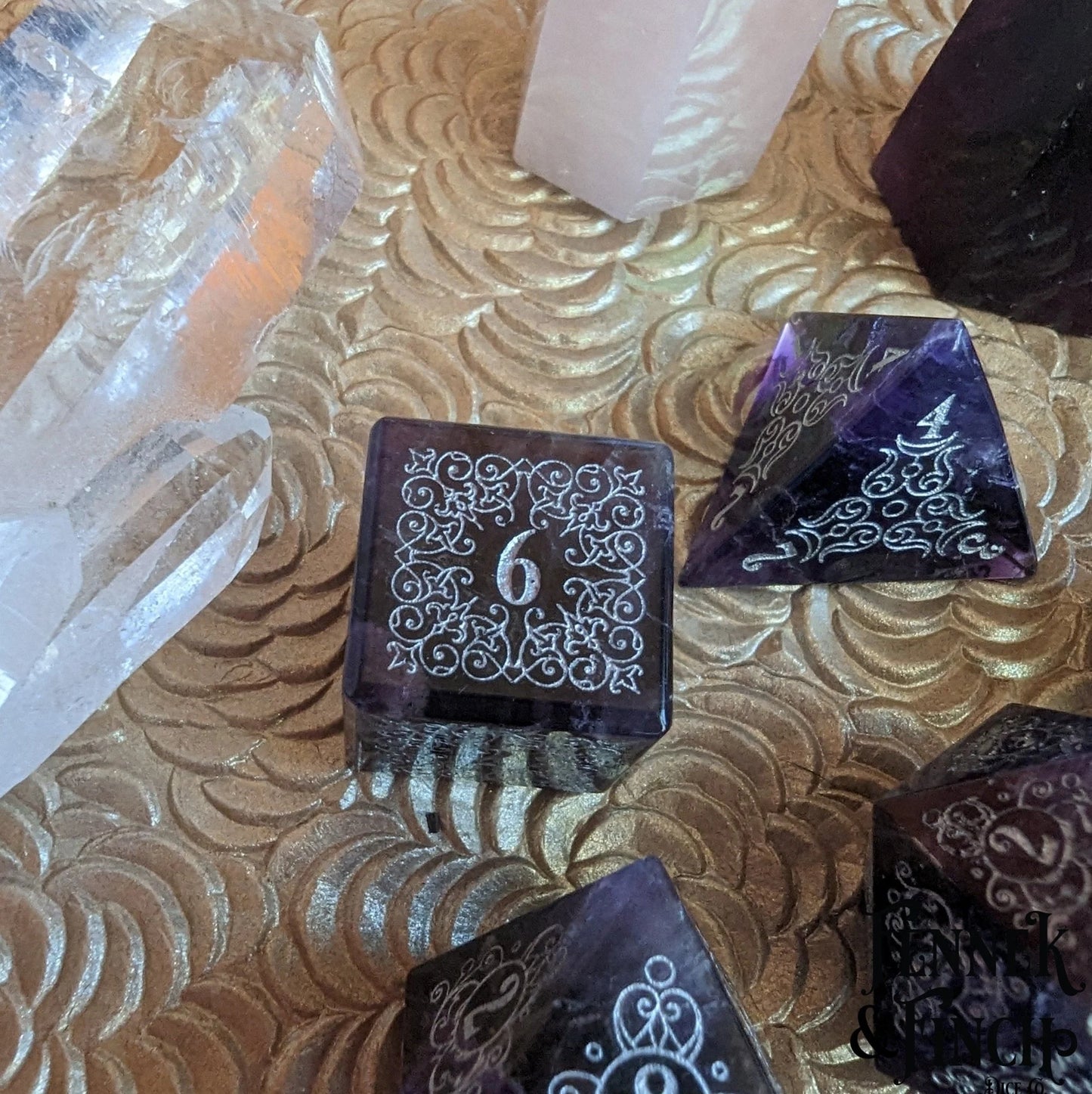 Garden Gate Amethyst Gemstone Dice Set (Silver Numbers)