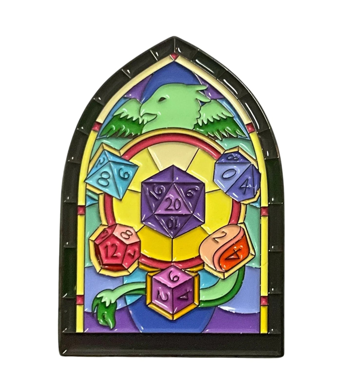 Hard enamel pin designed in a polyhedral dice and stained glass window design. - The Fourth Place