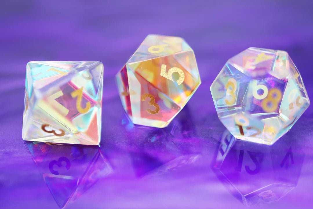 IRIDESCENT CRYSTAL DICE SET - GEMSTONE ENGRAVED WITH GOLD (Glass shiny dice with gold lettering) - The Fourth Place