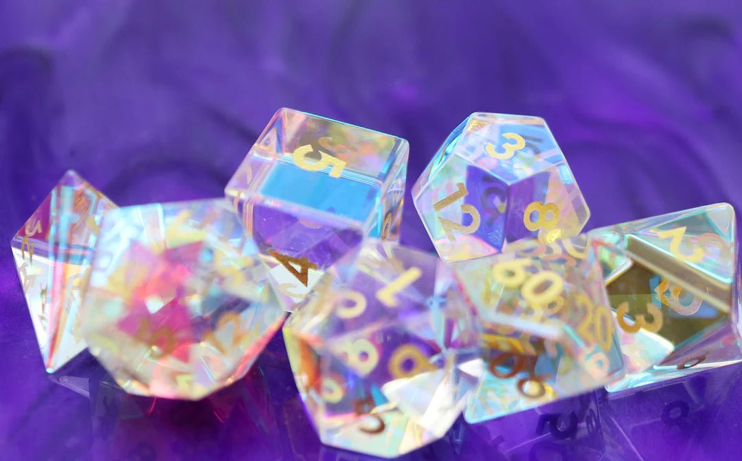 IRIDESCENT CRYSTAL DICE SET - GEMSTONE ENGRAVED WITH GOLD (Glass shiny dice with gold lettering) - The Fourth Place