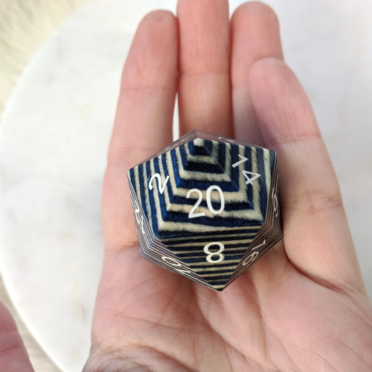 Large Wood D20 Wooden Die (Blue and White) - The Fourth Place