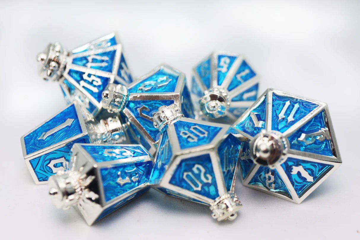 Moonlit Lantern: Silvered Frostfire - Metal RPG Dice Set - The Fourth Place