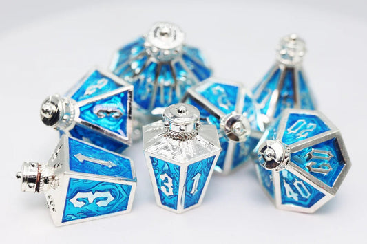Moonlit Lantern: Silvered Frostfire - Metal RPG Dice Set - The Fourth Place
