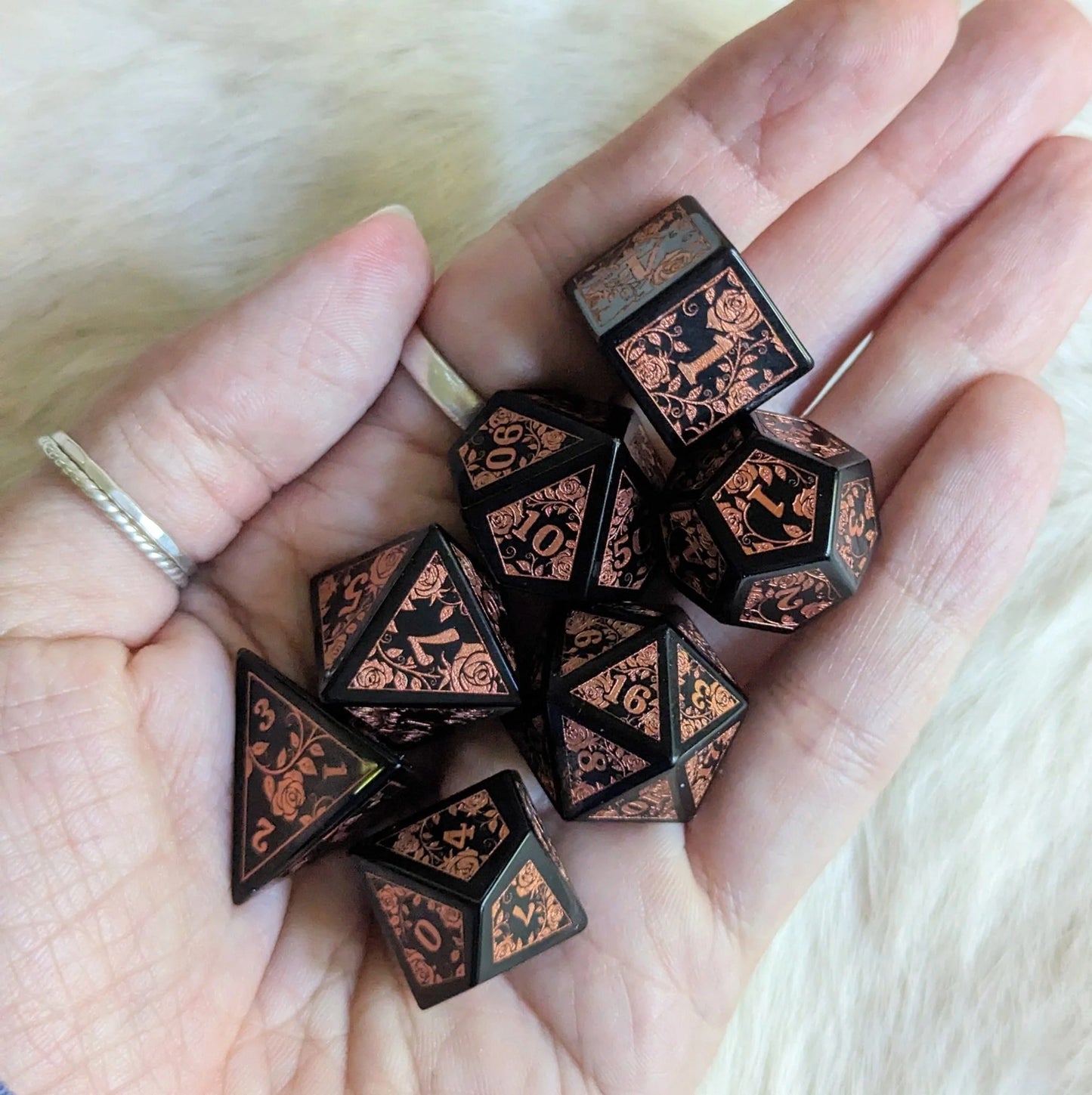 Obsidian Rose Gemstone Dice Set (Copper Numbers)