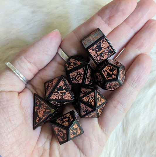 Obsidian Rose Gemstone Dice Set (Copper Numbers)