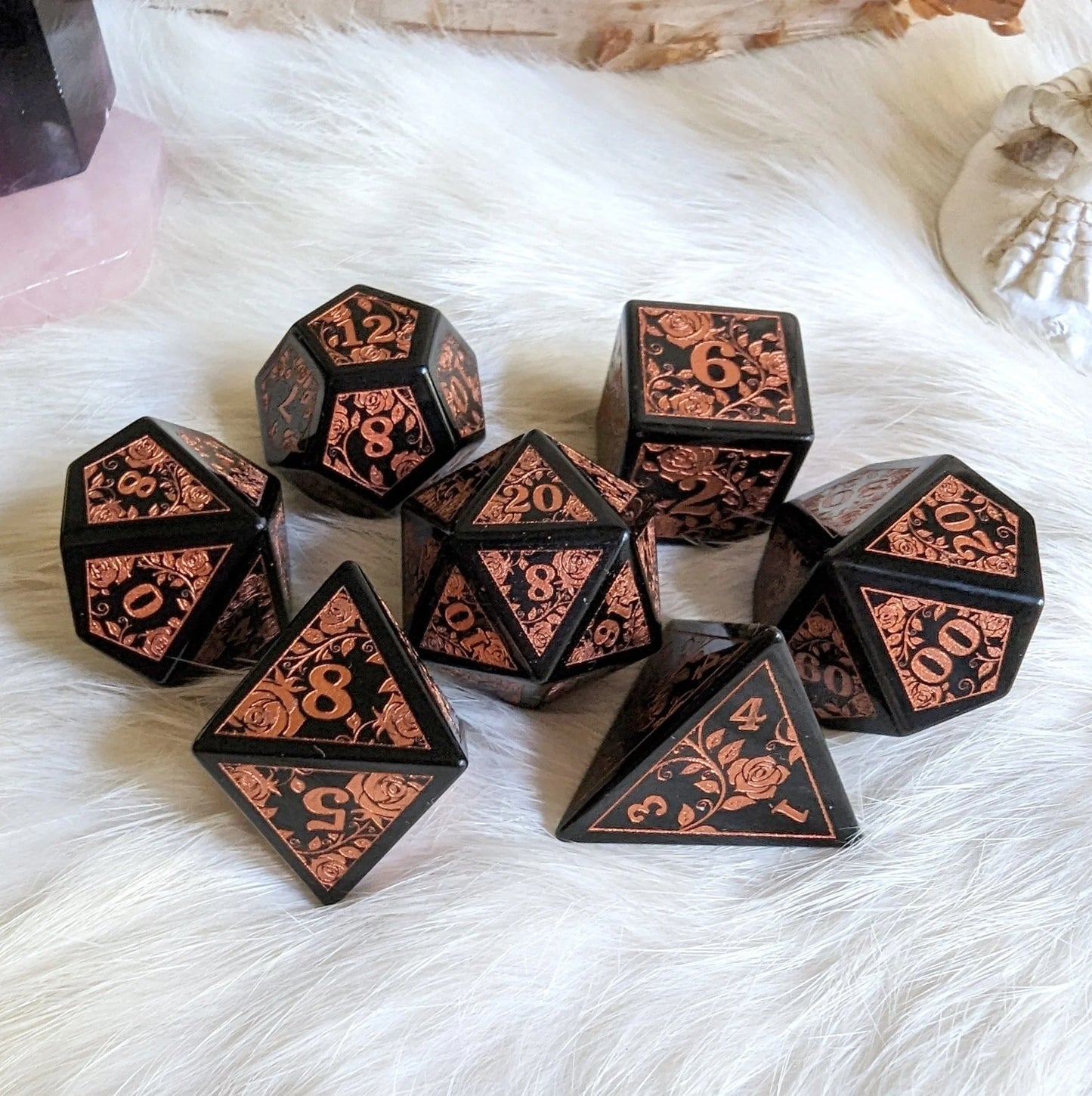 Obsidian Rose Gemstone Dice Set (Copper Numbers)