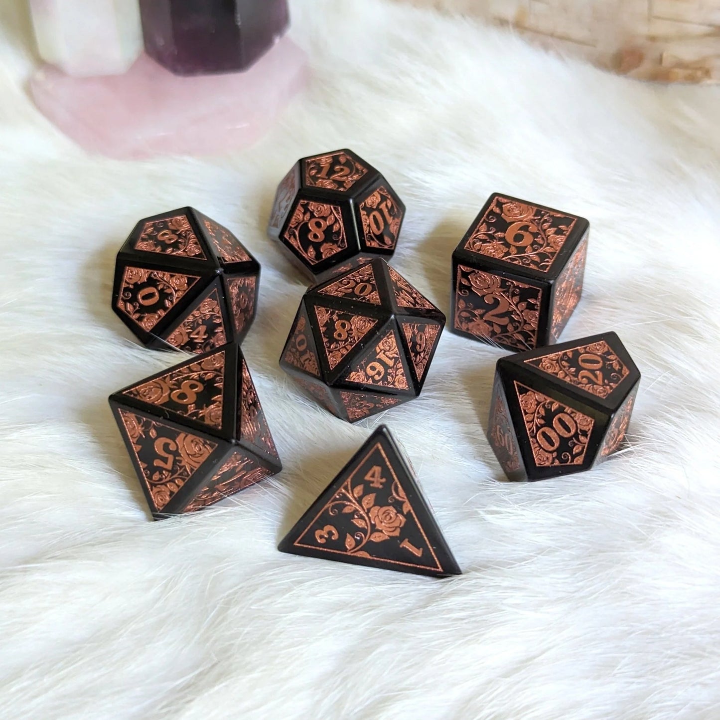 Obsidian Rose Gemstone Dice Set (Copper Numbers)