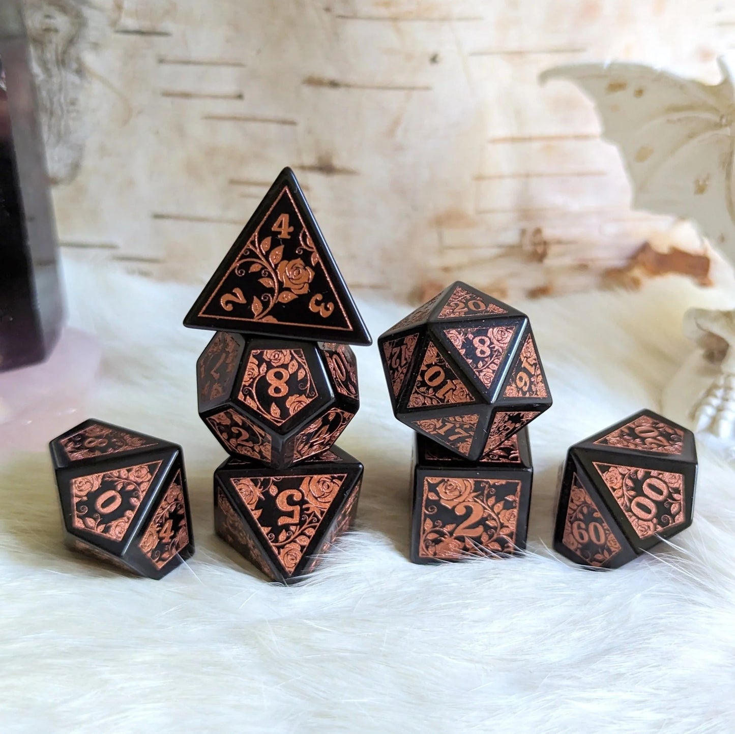 Obsidian Rose Gemstone Dice Set (Copper Numbers)
