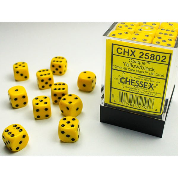 Opaque 12mm 36 d6 Yellow/Black Dice Block™ (36 dice with pips) - The Fourth Place