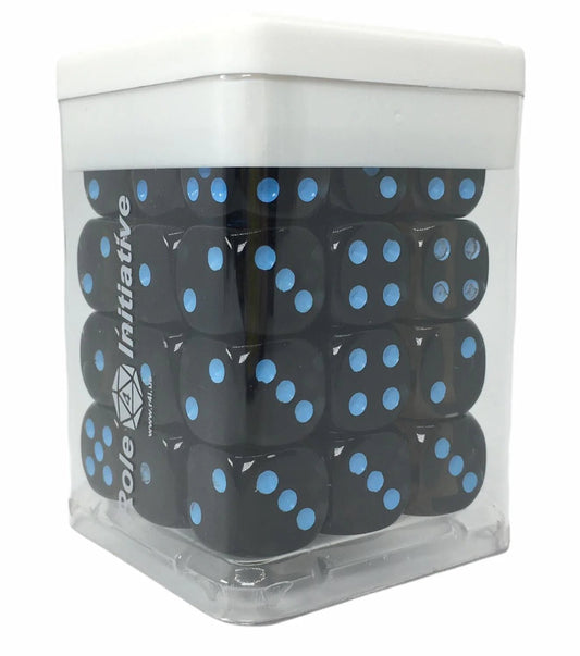 Opaque Black w/ Light Blue Ink - Set of 36d6 pips 14mm Dice - The Fourth Place