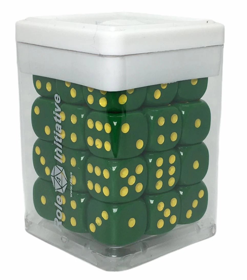 Opaque Dark Green w/ Yellow Ink - Set of 36d6 pips 14mm Dice - The Fourth Place