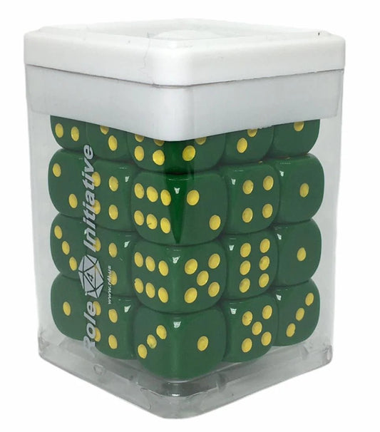 Opaque Dark Green w/ Yellow Ink - Set of 36d6 pips 14mm Dice - The Fourth Place